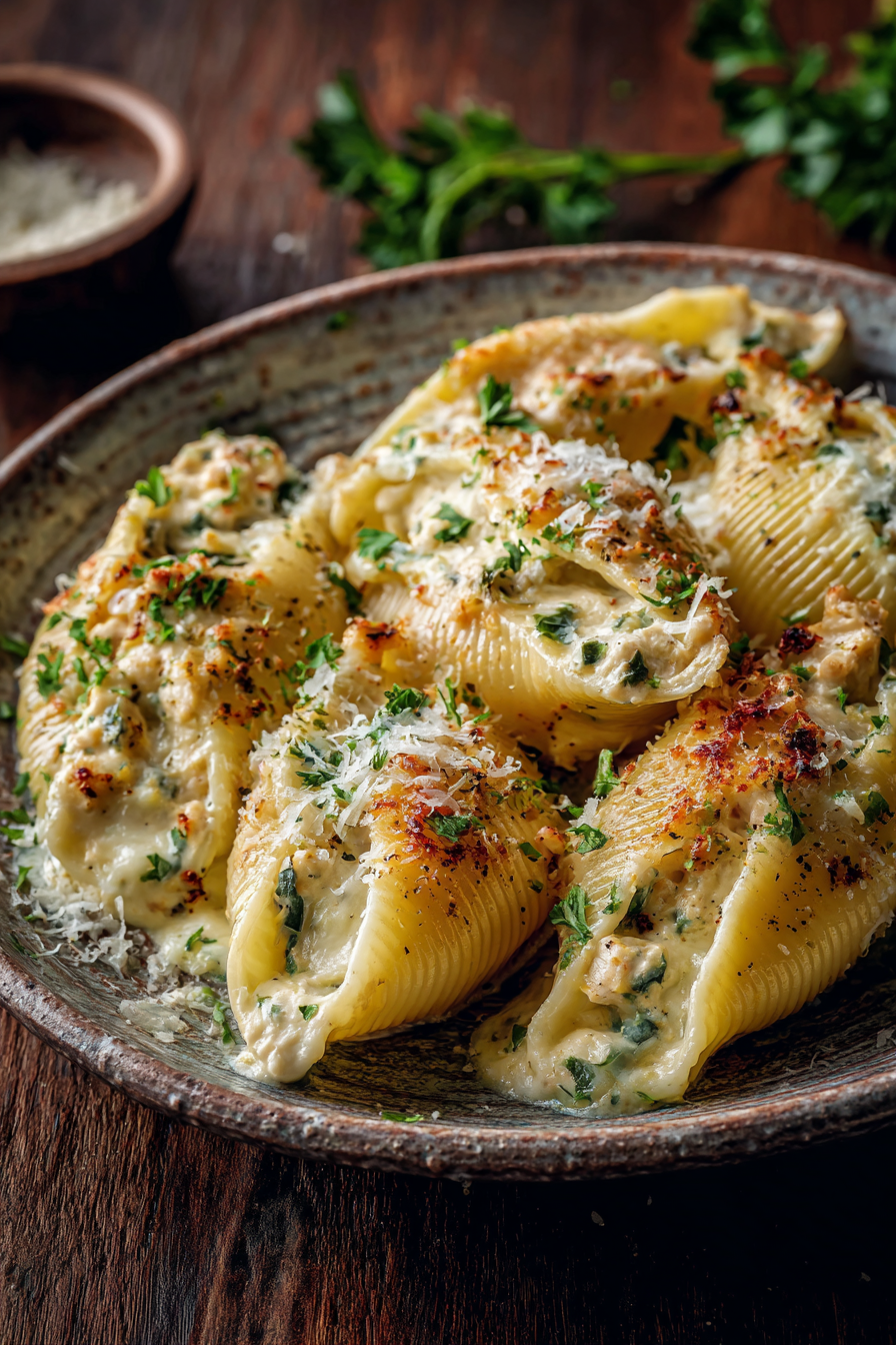 Creamy Chicken Alfredo Stuffed Shells with Cheese Creamy Chicken Alfredo Stuffed Shells with Cheese